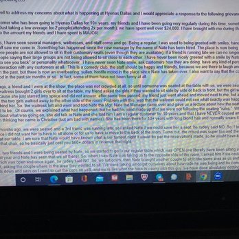 Hyena's Comedy Nightclub - Complaint part 1, I sent to Hyenas. - Comedy Clubs Near Me - Dallas, Texas Hyena's Comedy Nightclub - Complaint part 1, I sent to Hyenas. - Comedy Clubs Near Me - Dallas, Texas