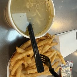 Harvest Cafe - Chicken corn soup and fries.