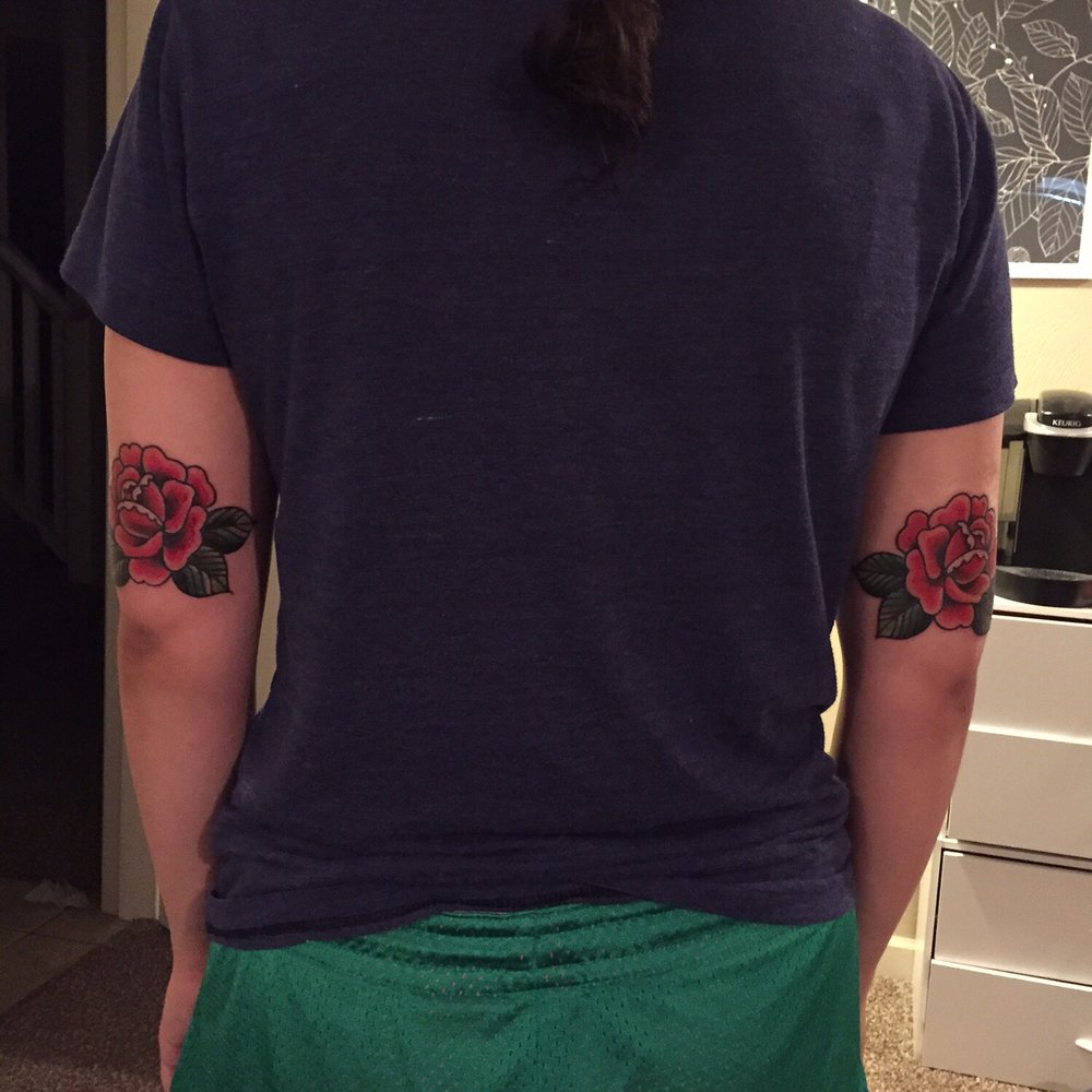 High Priestess Piercing & Tattoo - Traditional roses done by Rest - Tattoo Near Me - Eugene, Oregon High Priestess Piercing & Tattoo - Traditional roses done by Rest - Tattoo Near Me - Eugene, Oregon