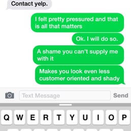 Text receipt of my conversation w "Dan" that harassed and pressured me into taking review down.
