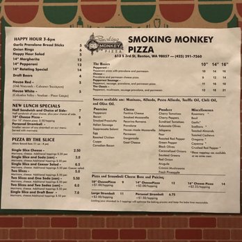 Smoking Monkey Pizza - Menu and happy hour menu. - Pizza Near Me - Renton, Washington Smoking Monkey Pizza - Menu and happy hour menu. - Pizza Near Me - Renton, Washington
