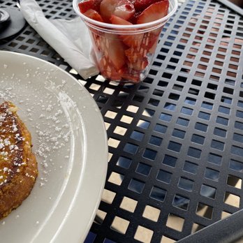 Aloha Stacks - $3.50 tiny fruit cup with some rotten strawberries. - Pancakes Near Me - Cerritos, California