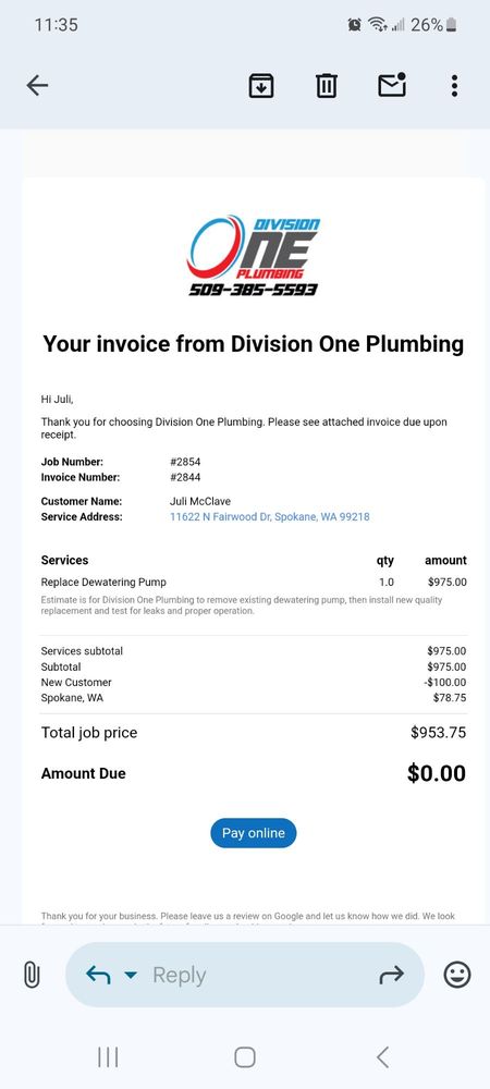 Slide of Division One Plumbing