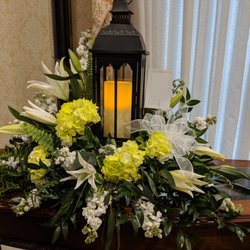 The Flower Shoppe - Sympathy arrangement with keepsake lantern