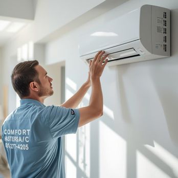 Comfort Masters AC - Man installing a mini-split wall mounted evaporator - Heating & Air Conditioning/HVAC Near Me - Fayetteville, Tennessee Comfort Masters AC - Man installing a mini-split wall mounted evaporator - Heating & Air Conditioning/HVAC Near Me - Fayetteville, Tennessee
