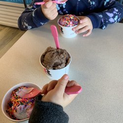 Baskin Robbins - Two regular scoops in cups, and one toddler scoop in a cup. Flavors were cotton candy and chocolate, peanut butter.