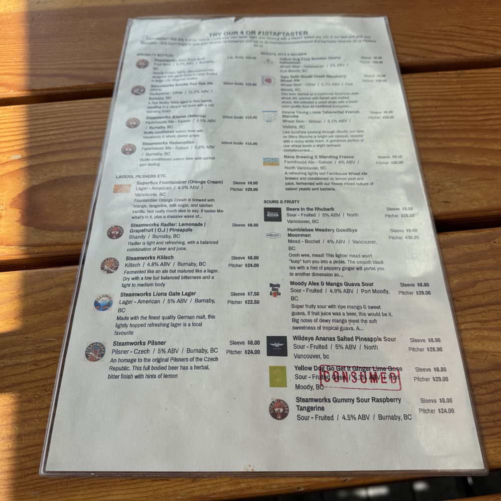Steamworks - Front of beer menu~ (September 2024) - Breweries Near Me - Vancouver, British Columbia