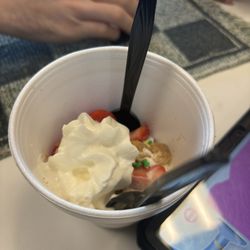 TickleMyTongue FroYo - Vanilla, 4 cheesecake bites, 4 strawberries, 2 cherries, some nerd toppings and whip cream...