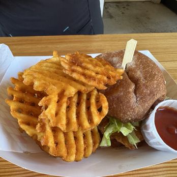 Flew the Coop - Hot Honey Chicken Sandwich with Waffle Fries - Food Trucks Near Me - Portland, Oregon