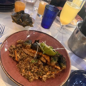Just Brunch Breakfast Bar - Peach Glazed Salmon with crab fried rice topped with Brussels sprouts + side of collard greens - Breakfast & Brunch Near Me - Duluth, Georgia