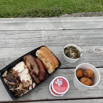 City Barbeque - The city sampler! Greens and hush puppies. - Barbeque Near Me - Poplar Level, Kentucky