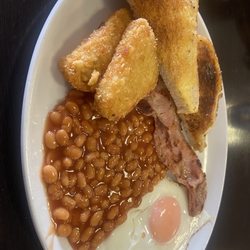 Angels Cafe - Egg, beans, hash brown, bacon and toast