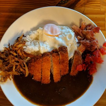 Curryfornia - Medium Curry with Medium Rice with Pork Katsu, Fried Egg, Fried Onions, Bacon Bits, and Fukujinzuke - Japanese Curry Near Me - Torrance, California Curryfornia - Medium Curry with Medium Rice with Pork Katsu, Fried Egg, Fried Onions, Bacon Bits, and Fukujinzuke - Japanese Curry Near Me - Torrance, California