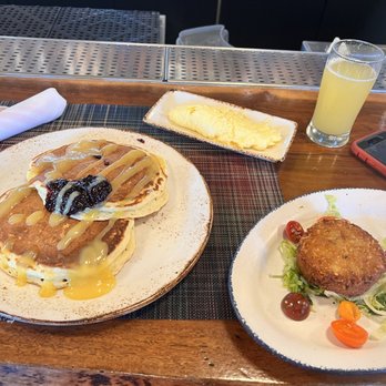The Table - Lemon Ricotta Pancakesand crab cakes with side of Eggs - New American Near Me - San Jose, California The Table - Lemon Ricotta Pancakesand crab cakes with side of Eggs - New American Near Me - San Jose, California