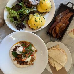 Turkish eggs and spinach & mushroom eggs benedict