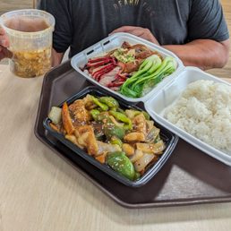 Hot & Sour Soup, Grouper in Black Bean Sauce, 3 combo rice plate with Roast Pork, Soy Sauce Chicken, and Roast Duck Hot & Sour Soup, Grouper in Black Bean Sauce, 3 combo rice plate with Roast Pork, Soy Sauce Chicken, and Roast Duck