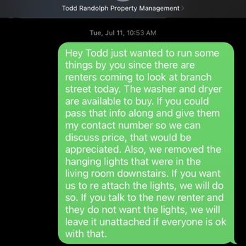 PMI Middle TN - My communication with Todd about my washer and dryer with his response of "I will let you know" - Property Management Near Me - Goodlettsville, Tennessee