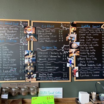 Makario Coffee Roasters - Menu; teas along bottom in jars, pictures of most drinks next to their names - Coffee & Tea Near Me - Everett, Washington Makario Coffee Roasters - Menu; teas along bottom in jars, pictures of most drinks next to their names - Coffee & Tea Near Me - Everett, Washington