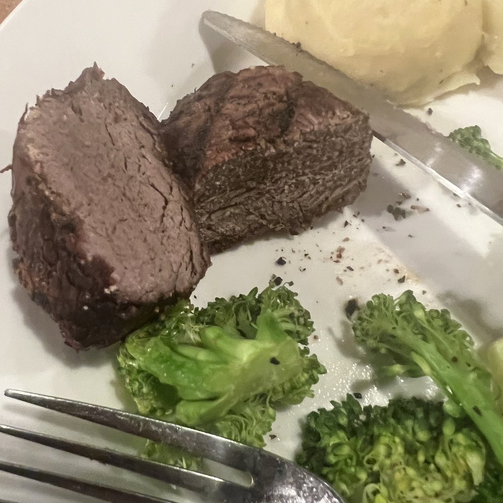 "Medium rare 6oz sirloin" my fork couldn't even go through it. "Medium rare 6oz sirloin" my fork couldn't even go through it.