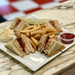 Soup Maison - Zesty Turkey Club with French Fries a side of fresh storemade coleslaw and a pickle spear.