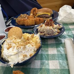 Banana pudding, loaded potato salad, burger plate Banana pudding, loaded potato salad, burger plate