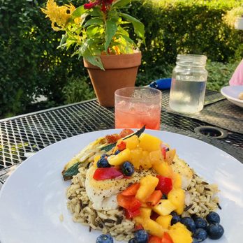 Shamus Restaurant - Grilled halibut with fruit salsa, grilled veggies and brown rice medley. - New American Near Me - Lockport, New York
