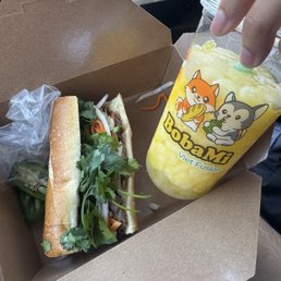 Beef Banh Mi and Passionfruit mango slush with lychee jelly