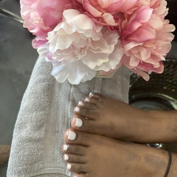 Elise Nails - First Pedicure after moving here. Wanted to go my usual white but the lady suggested a cuter one "white bunny" and I love it! - Nail Salons Near Me - Fair Oaks, California