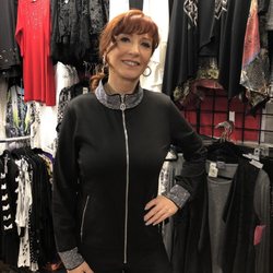 Patchwork Pig Boutique - Debbie wearing our new Christine Alexander with embellished collar and cuffs.