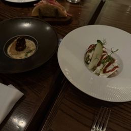 Appetizers - 1) potato sphere chaat 2) kashmiri morel mushroom 3) phulka pulled jackfruit Appetizers - 1) potato sphere chaat 2) kashmiri morel mushroom 3) phulka pulled jackfruit
