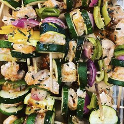Salmon veggie teriyaki skewers