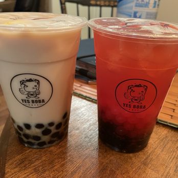 Yes Boba Cafe - Milk Tea with Boba and Strawberry Tea with Boba and Strawberry Popping Pearls - Bubble Tea Near Me - Plymouth, Michigan