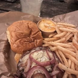 Horseman burger with blue cheese Monterrey cheese and red onions with a side of parm fries Horseman burger with blue cheese Monterrey cheese and red onions with a side of parm fries