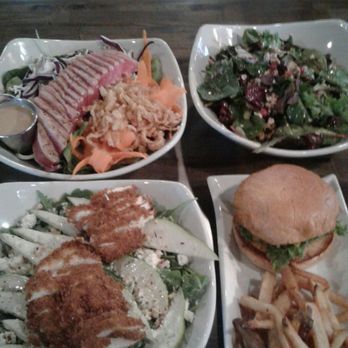 Vintage Public House - Seared Ahi salad, Winter Beet and Pomegranate salad, Salmon burger, and Gorgonzola Pear and Chicken salad - New American Near Me - Redding, California