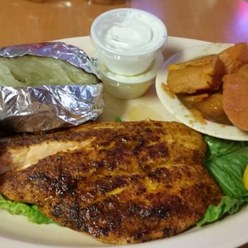 CJ's Barbecue - Blacknd Salmon w/baked potato, yams & roll! Gr8t stuff. - Burgers Near Me - Oxnard, California CJ's Barbecue - Blacknd Salmon w/baked potato, yams & roll! Gr8t stuff. - Burgers Near Me - Oxnard, California