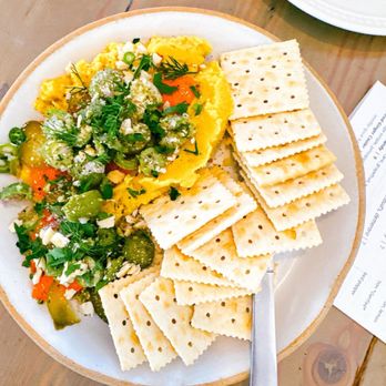 Bellflower - Split pea dip with the most delicious spicy pickled veggies! - New American Near Me - Ypsilanti, Michigan