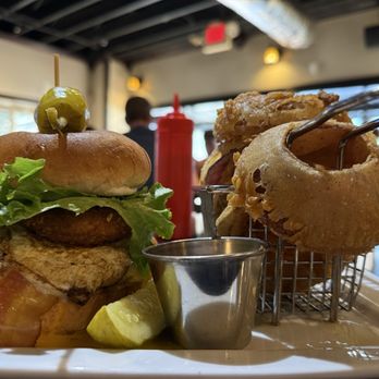 Hops Burger Bar - Diablo Burger and Onion Rings - Burgers Near Me - Greensboro, North Carolina