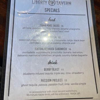 Liberty Tavern - Specials menu - American Near Me - Quincy, Massachusetts Liberty Tavern - Specials menu - American Near Me - Quincy, Massachusetts