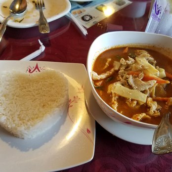 Thai Cuisine - Jungle Curry, notice the heart  snapped rice! - Thai Near Me - Austin, Texas