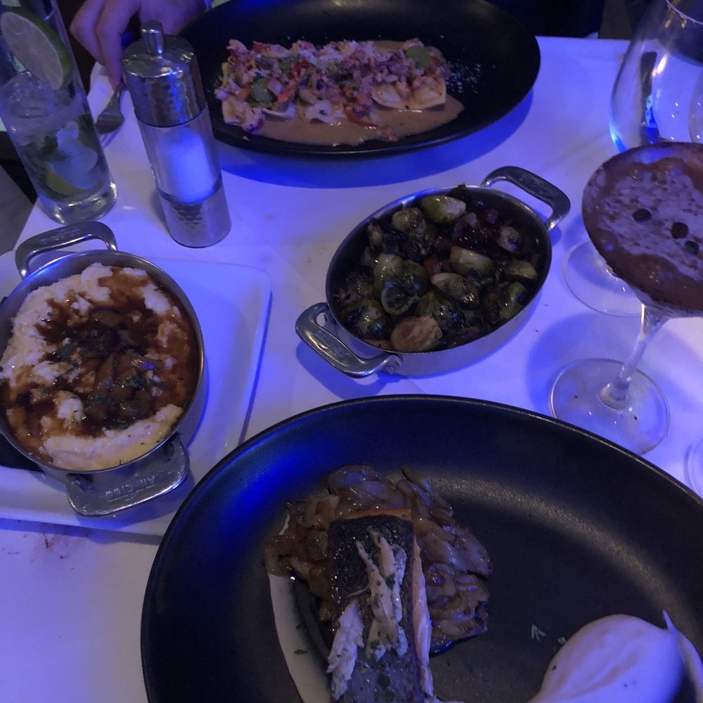 Mare - Lobster ravioli. Brussels Sprouts. Creamy Polenta. Salmon with bean purée. - Seafood Near Me - Boston, Massachusetts Mare - Lobster ravioli. Brussels Sprouts. Creamy Polenta. Salmon with bean purée. - Seafood Near Me - Boston, Massachusetts