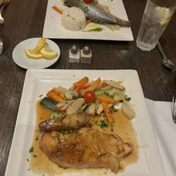Chicken and veggies, fish and rice
