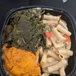 Flavas Kitchen & Catering - Sides only for large fried shrimp. Right side is rasta pasta, upper left is collard greens and lower yams.