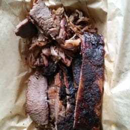 3 meat combo - ribs, brisket and pulled pork with a side of jalapeño beans