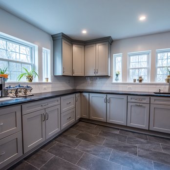 Tile Center - Gray modern cabinet with black countertop. design and installed by Tile Center - Kitchen & Bath Near Me - Gaithersburg, Maryland Tile Center - Gray modern cabinet with black countertop. design and installed by Tile Center - Kitchen & Bath Near Me - Gaithersburg, Maryland