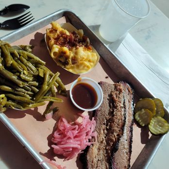 Prime Barbecue - Brisket, mac n cheese, green beans and pickled onions, and pickle slices. - Barbeque Near Me - Knightdale, North Carolina Prime Barbecue - Brisket, mac n cheese, green beans and pickled onions, and pickle slices. - Barbeque Near Me - Knightdale, North Carolina