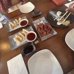 Vegetable gyoza (L), chicken yakitori (middle), California roll (R)