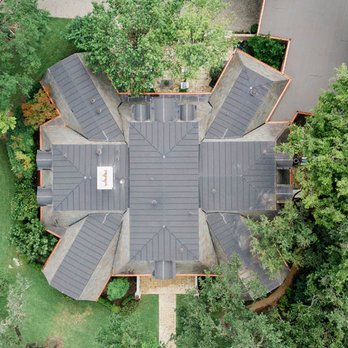 Bluebonnet Roof Co - Aerial view of metal custom roof completed in 2018 - Roofing Near Me - Austin, Texas Bluebonnet Roof Co - Aerial view of metal custom roof completed in 2018 - Roofing Near Me - Austin, Texas