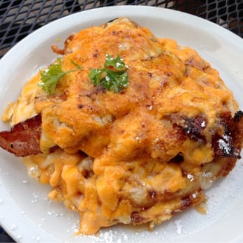 Stacks Pancake House - Chicken & waffles with bacon, melted cheese & maple syrup. - Breakfast & Brunch Near Me - Dana Point, California Stacks Pancake House - Chicken & waffles with bacon, melted cheese & maple syrup. - Breakfast & Brunch Near Me - Dana Point, California