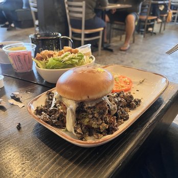 Brunches at Randall - Mushroom Swiss Burger Lunch with house made black bean patty - Breakfast & Brunch Near Me - Wilmington, North Carolina