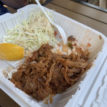 Savage Shrimp - This is the KALUA PORK w/ salad and rice. I'll let the pictures do the speaking. Is that bbq sauce in there? - Seafood Near Me - Koloa, Hawaii